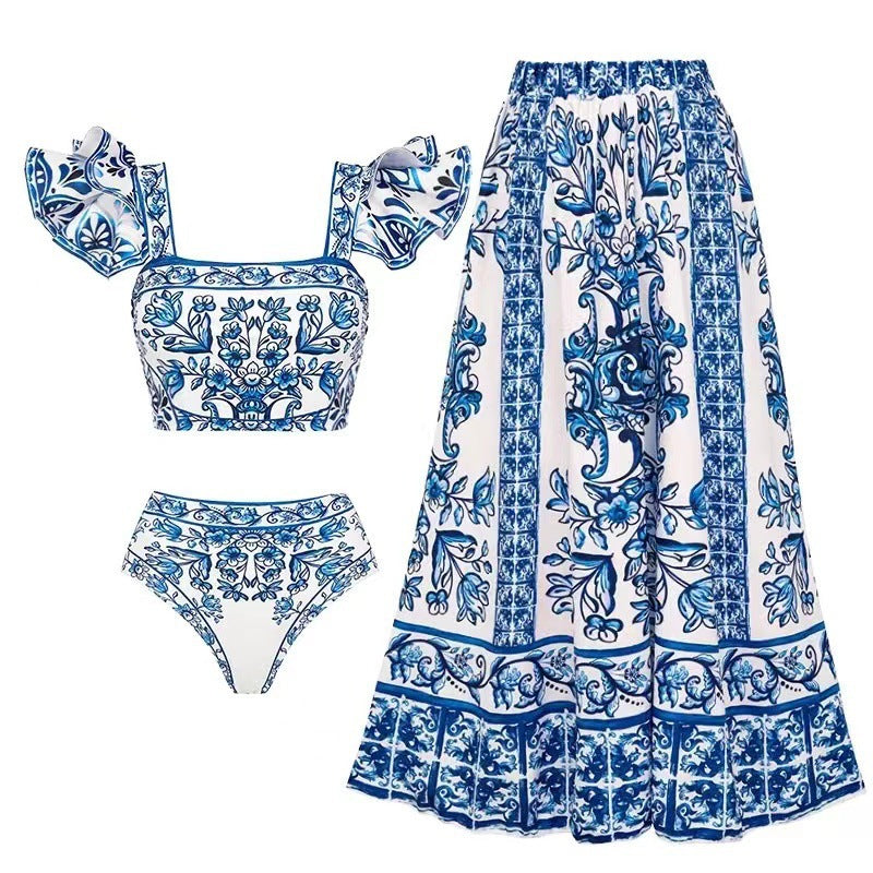 Damen Bikini-Set mit verspieltem Puffärmel und elegantem Wickelrock R&B