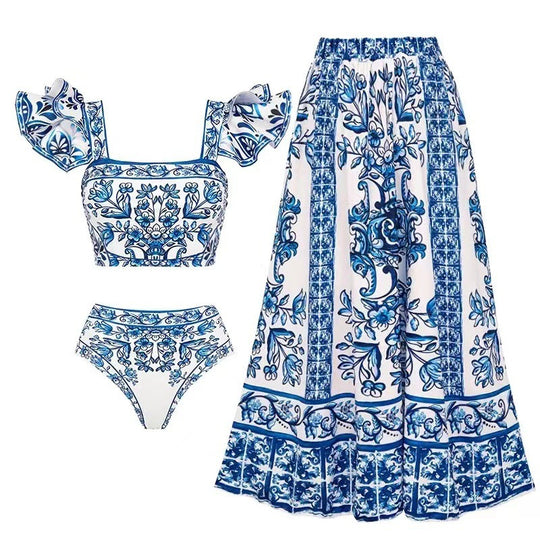Damen Bikini-Set mit verspieltem Puffärmel und elegantem Wickelrock R&B