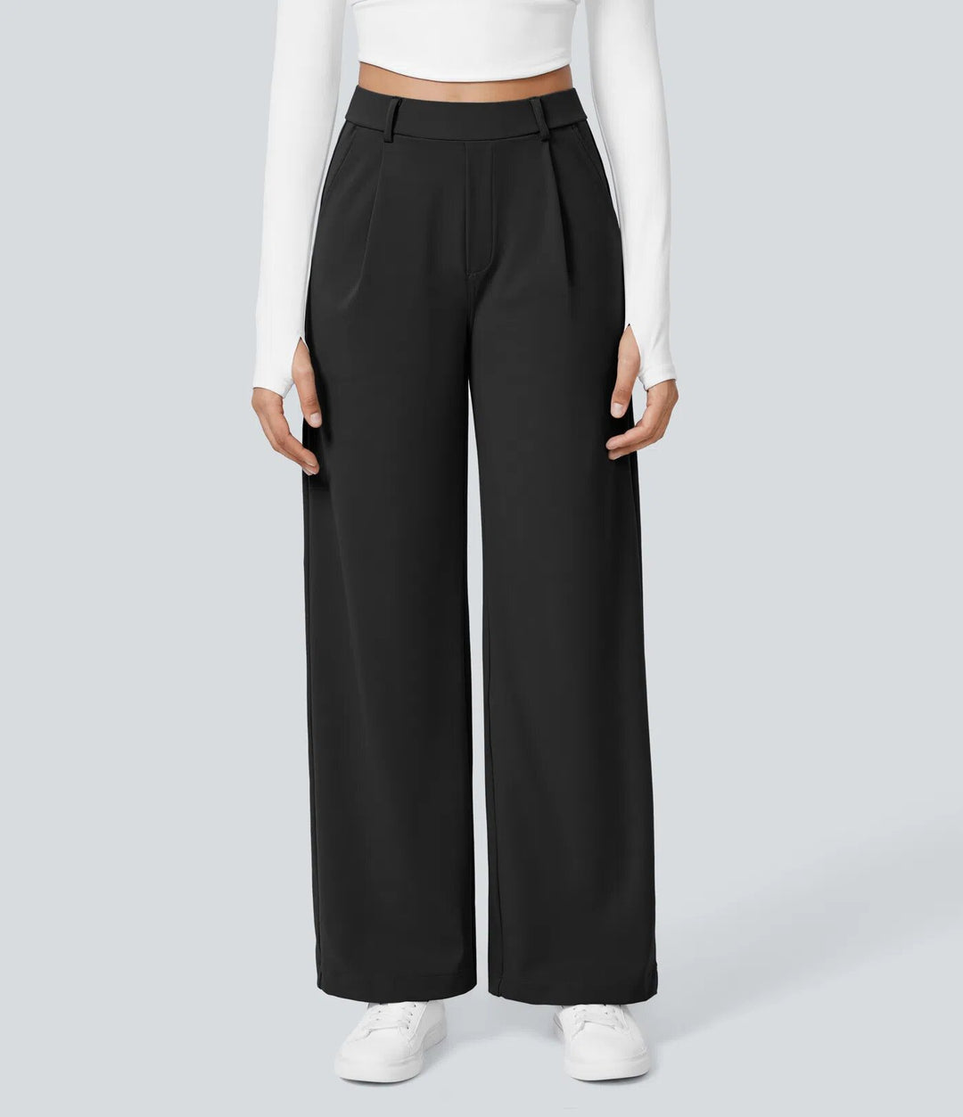 Damen nan hochgeschnittene Bundfaltenhose mit weitem Bein, Gürtelschlaufen und seitlichen Eingrifftaschen R&B