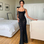 Damen Elegantes langes Spitzenkleid mit verführerischem Schlitz und Spaghettiträgern R&B