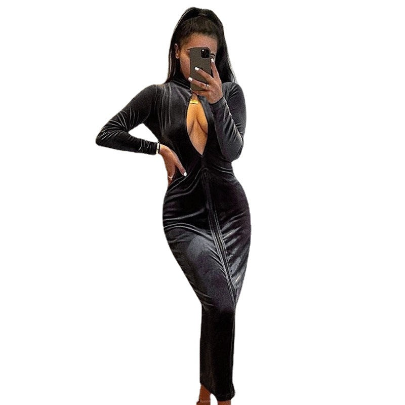 Damen Elegantes Velours-Maxi-Kleid mit tiefem V-Ausschnitt und langen Ärmeln R&B