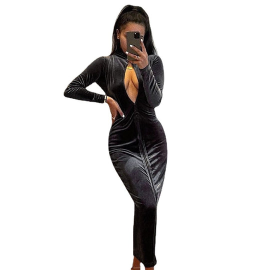 Damen Elegantes Velours-Maxi-Kleid mit tiefem V-Ausschnitt und langen Ärmeln R&B