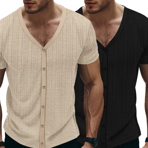 Herren Kurzarm Henley-Shirt mit strukturiertem Design und Knopfleiste R&B