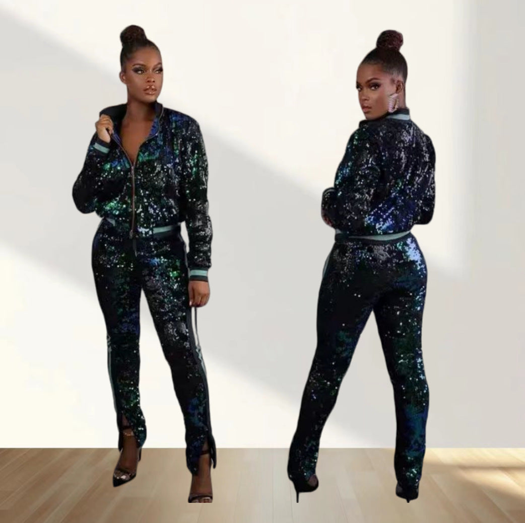 Damen Glitzerndes Sportanzug-Set mit trendigen Streifen R&B