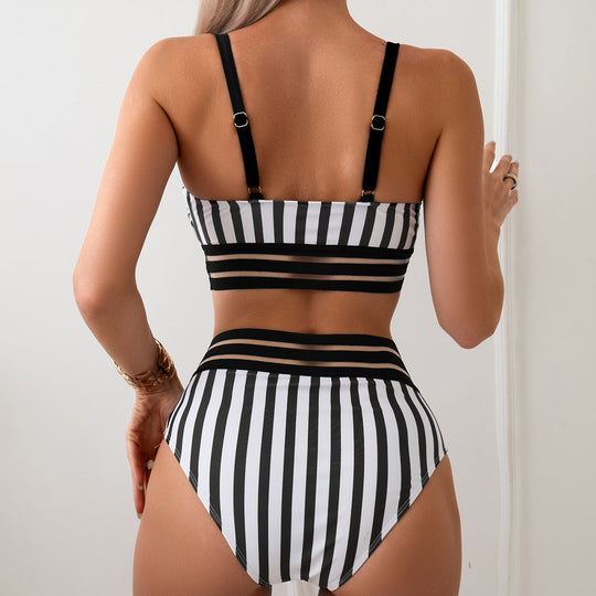 Damen Hoch tailliertes Bikini-Set mit gestreiftem Design R&B