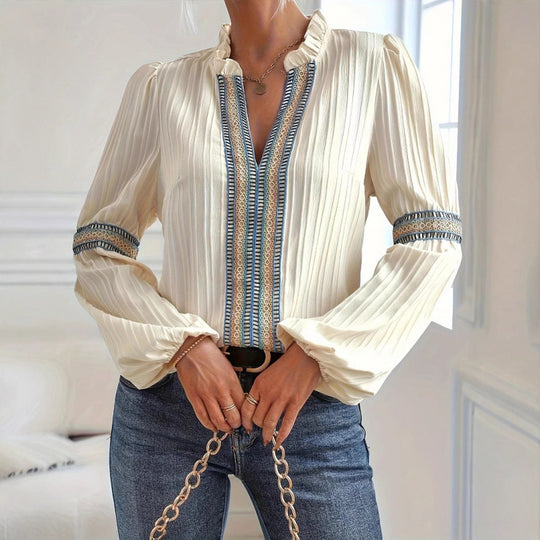 Damen elegante plissierte Bluse mit verzierten Besätzen R&B