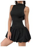 Damen trendiges Mini-Kleid mit hohem Kragen und voluminösem Rock R&B