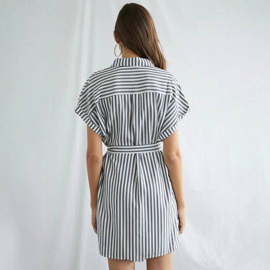 Damen Hemdblusenkleid mit Taillengürtel und modischem Streifendesign R&B