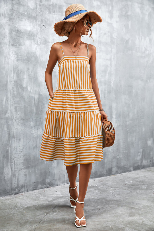 Damen Luftiges Gestreiftes Maxikleid mit Rüschendetails und verstellbaren Trägern R&B