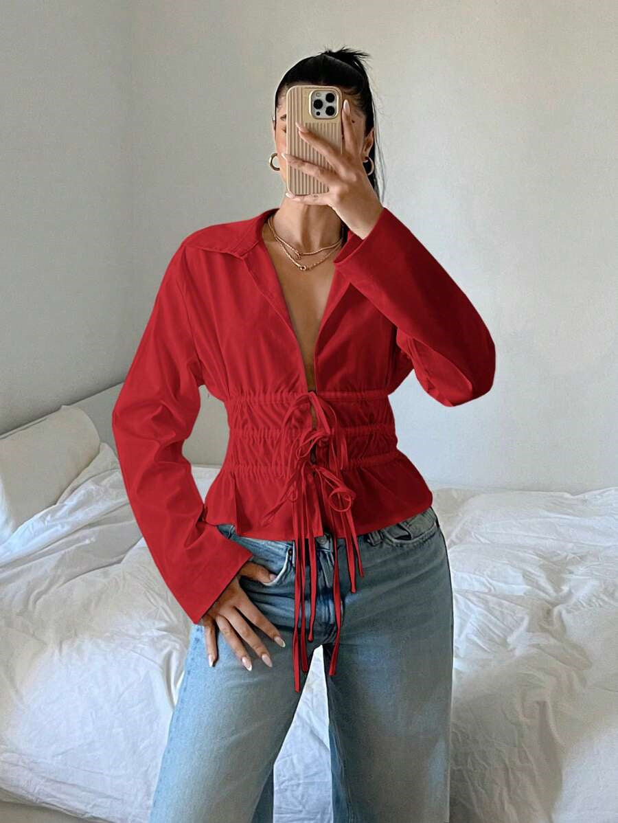 Damen zip-up Bluse mit Raffung und langen Ärmeln R&B
