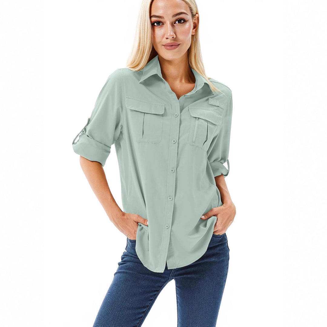 Damen lässige Bluse mit praktischen Taschen und umschlagbaren Ärmeln R&B