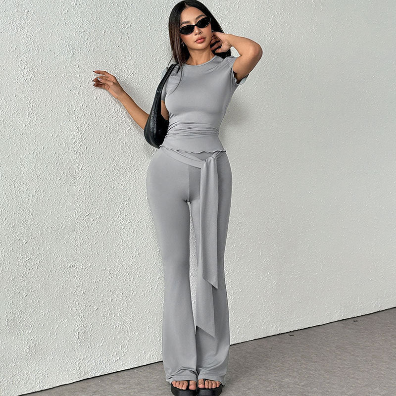 Damen elegantes Set aus figurbetontem Oberteil und ausgestellten Hosen R&B