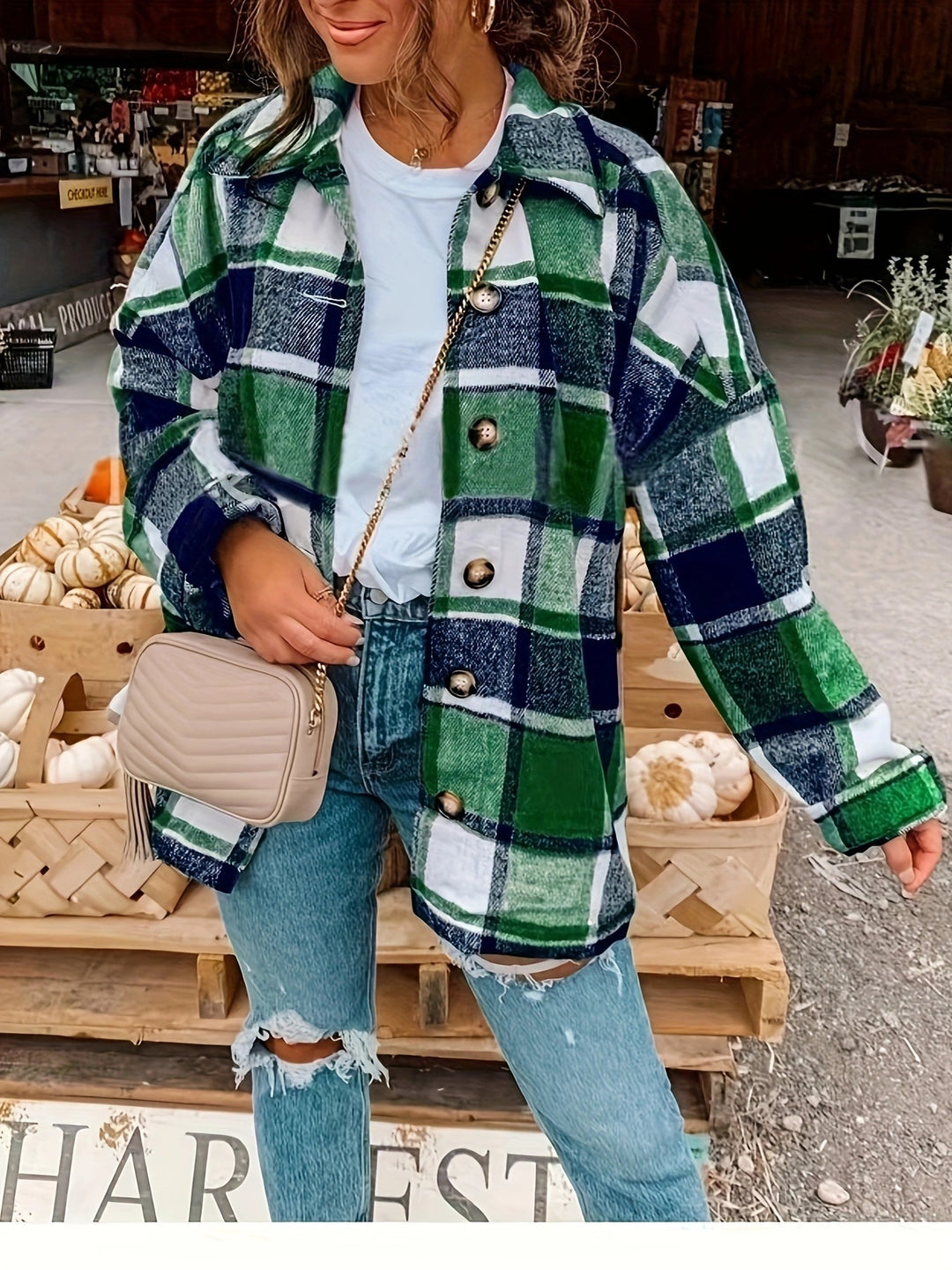 Damen Karierte Flanelljacke mit Knopfdetails und lässigem Schnitt R&B