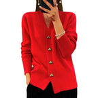 Damen kuschelige Strickjacke mit Herzknöpfen und V-Ausschnitt R&B