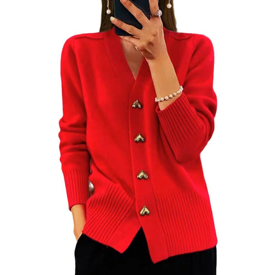 Damen kuschelige Strickjacke mit Herzknöpfen und V-Ausschnitt R&B