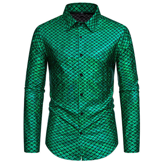 Herren schimmerndes Langarmhemd mit Fischschuppen-Design R&B