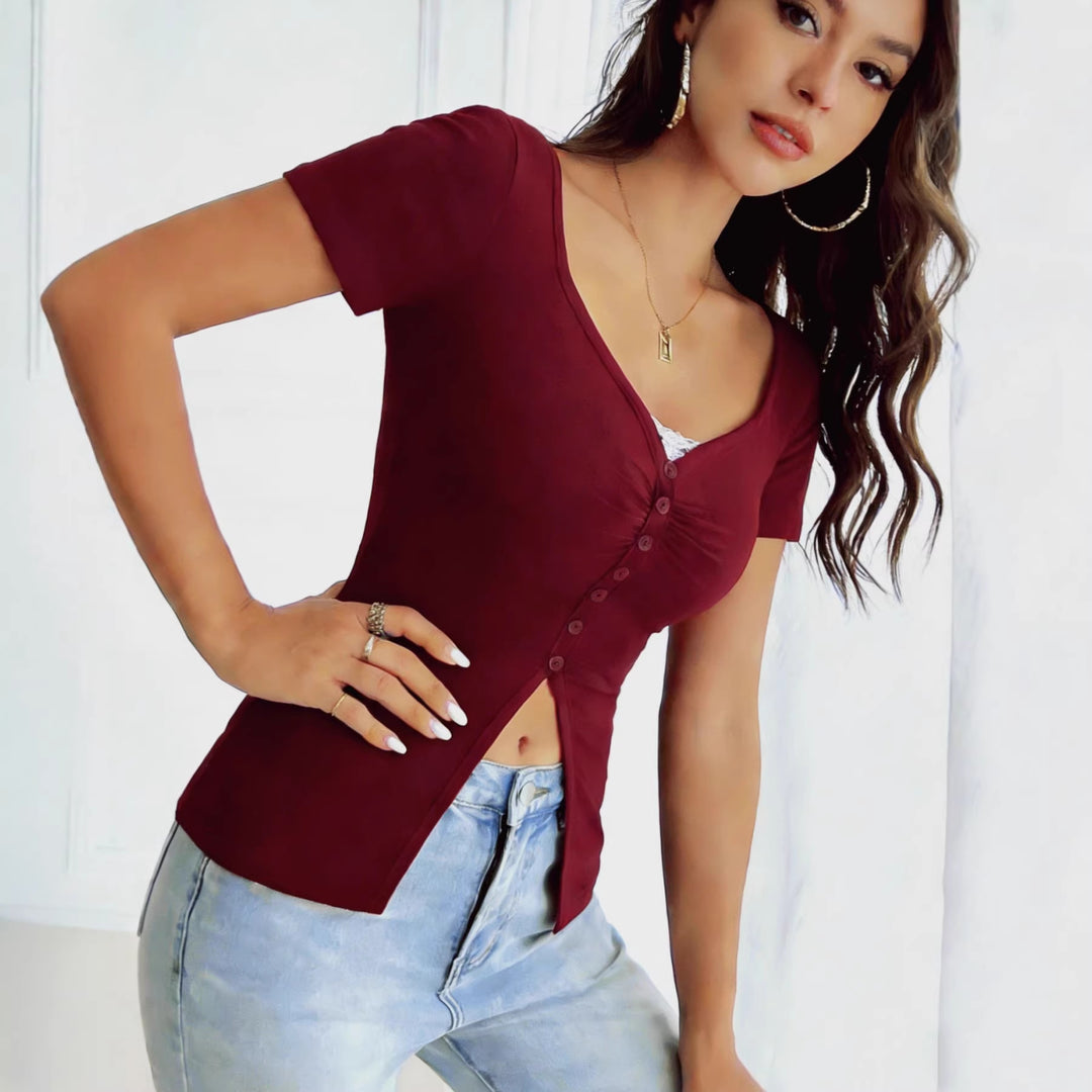 Damen figurbetontes Kurzarmshirt mit Knopfleiste R&B