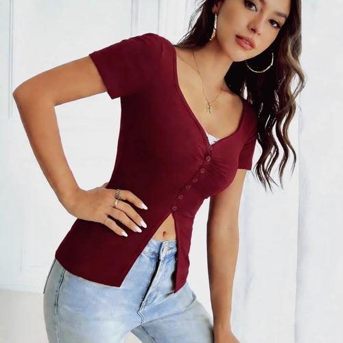 Damen figurbetontes Kurzarmshirt mit Knopfleiste R&B