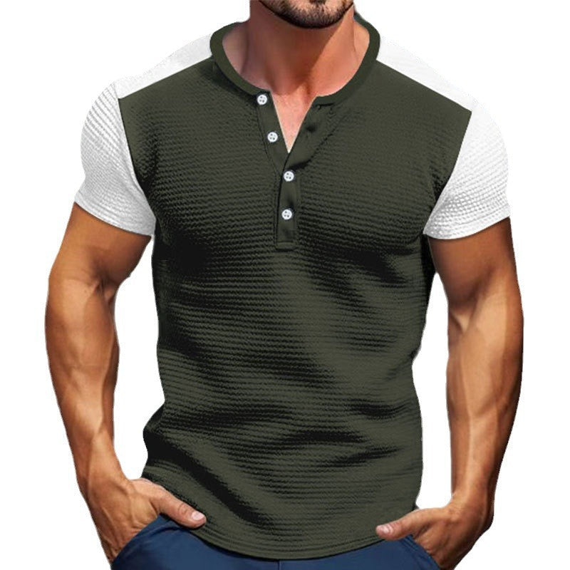 Herren Kurzarm-Hemd mit modischem Henley-Kragen und Kontrastärmel R&B