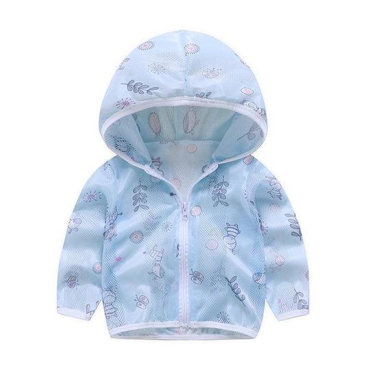 Unisex nan atmungsaktive Netz Kapuzen-Sonnenjacke für Säuglinge mit Reißverschluss und verspieltem Elefantenmotiv R&B