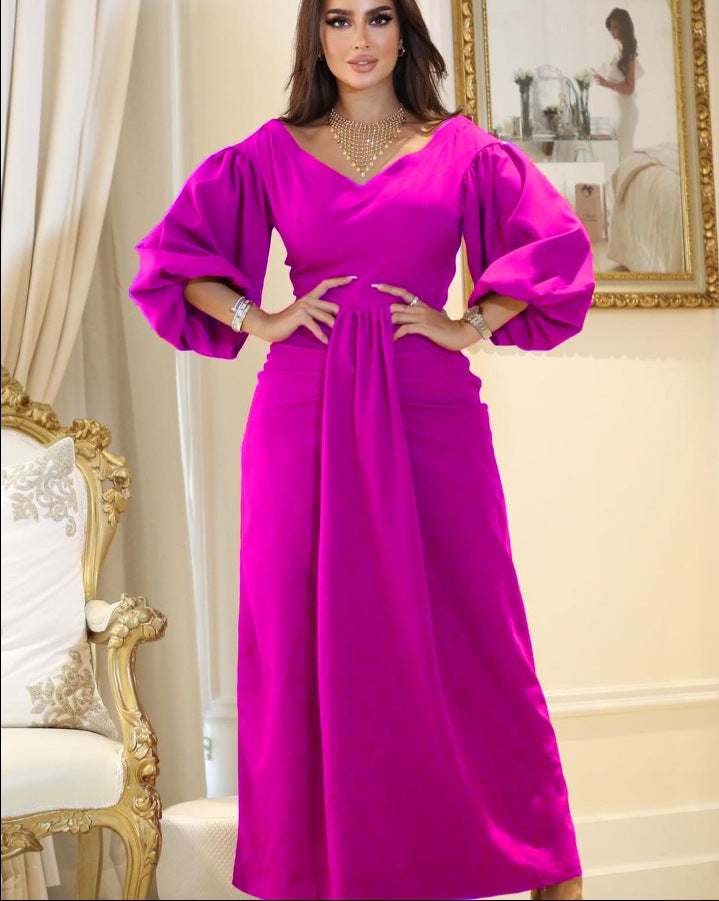 Damen Elegantes Maxikleid mit voluminösen Ärmeln und taillierter Drapierung