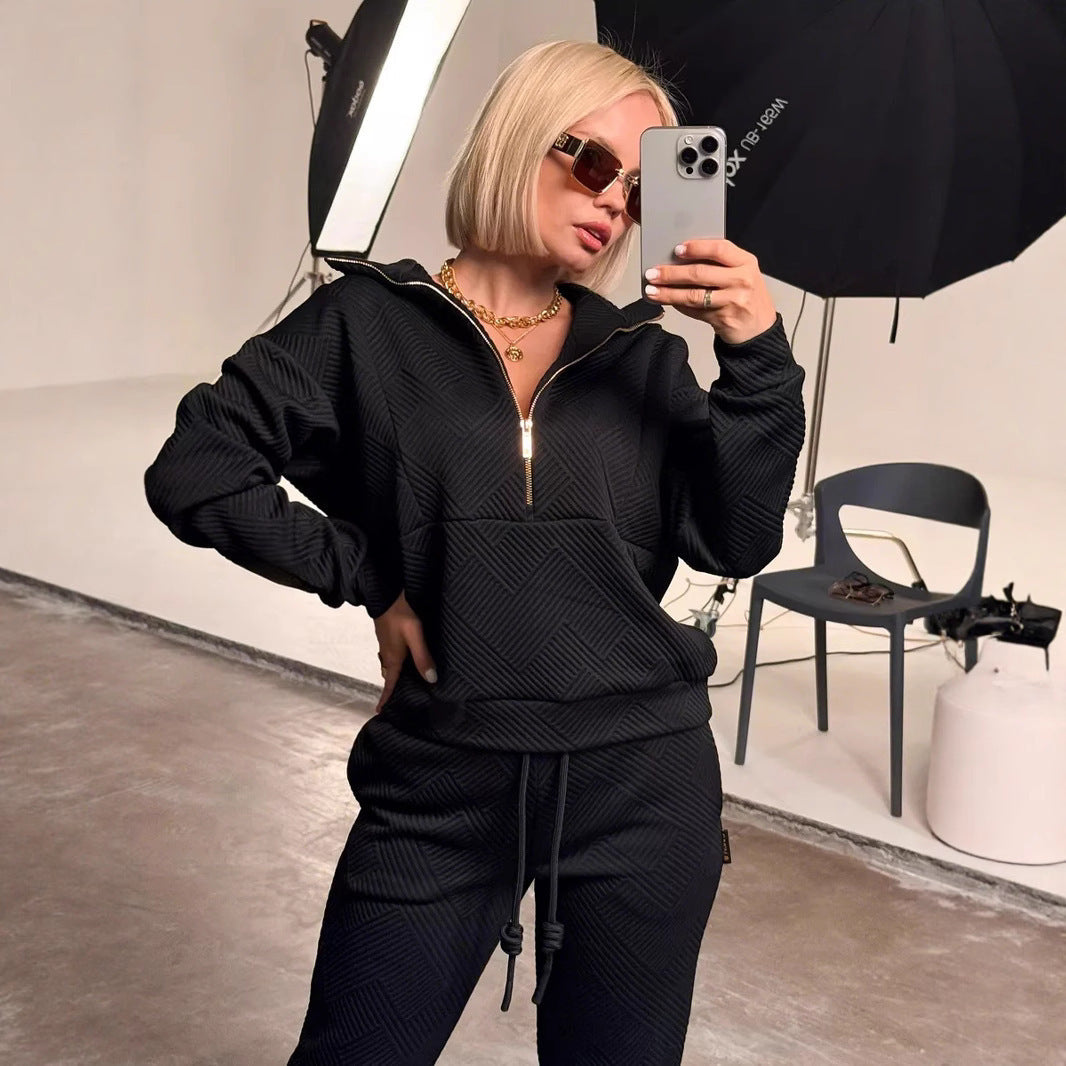 Damen sportliches Loungewear-Set mit modernem Reißverschluss und gestreiftem Design R&B