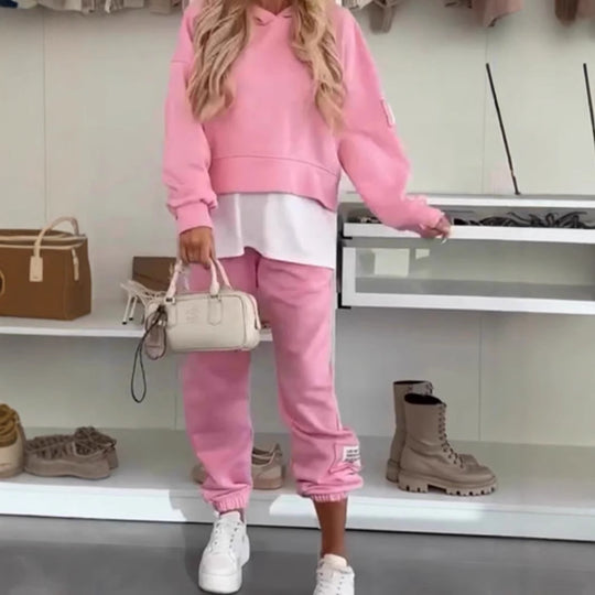 Damen nan kuscheliges kurzes Kapuzensweatshirt und Jogginghose-Set aus weicher Baumwollmischung R&B