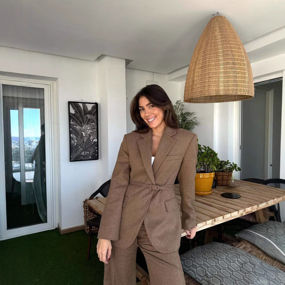 Damen taillierter Blazer mit Gürtel und eleganter Struktur R&B