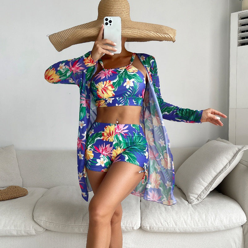 Damen Sport-Bikini-Set mit farbenfrohem Floralprint und lässiger Wickeljacke R&B