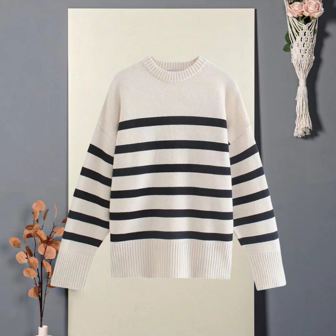 Damen Oversized Strickpullover mit hohem Kragen und trendigem Streifenmuster R&B