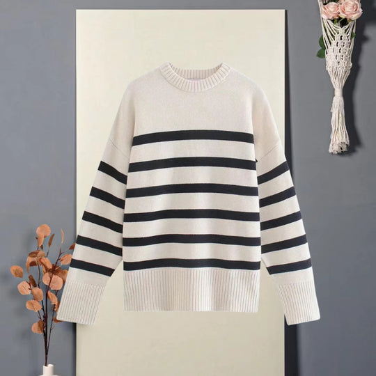 Damen Oversized Strickpullover mit hohem Kragen und trendigem Streifenmuster R&B
