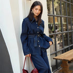 Damen Denim-Jumpsuit mit elegantem Gürtel und weitem Bein R&B