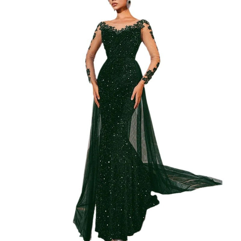 Damen Glamouröses Abendkleid mit schimmerndem Spitzenoberteil und fließendem Tüllumhang R&B