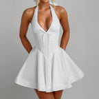 Damen Freizeitkleid mit tiefem V-Ausschnitt und Taillenbindung R&B