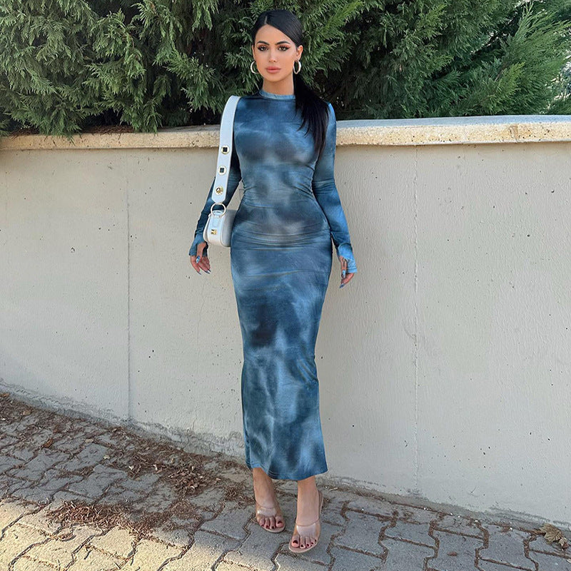 Damen figurbetontes Maxikleid mit langen Ärmeln und modernem Batikmuster R&B
