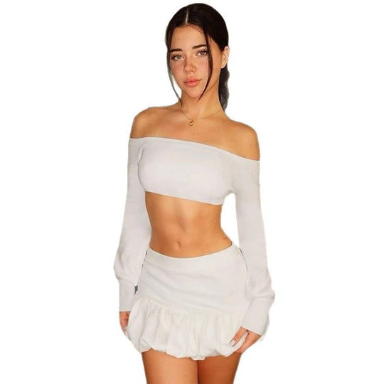 Damen Off-Shoulder Crop-Top und Faltenrock Set R&B