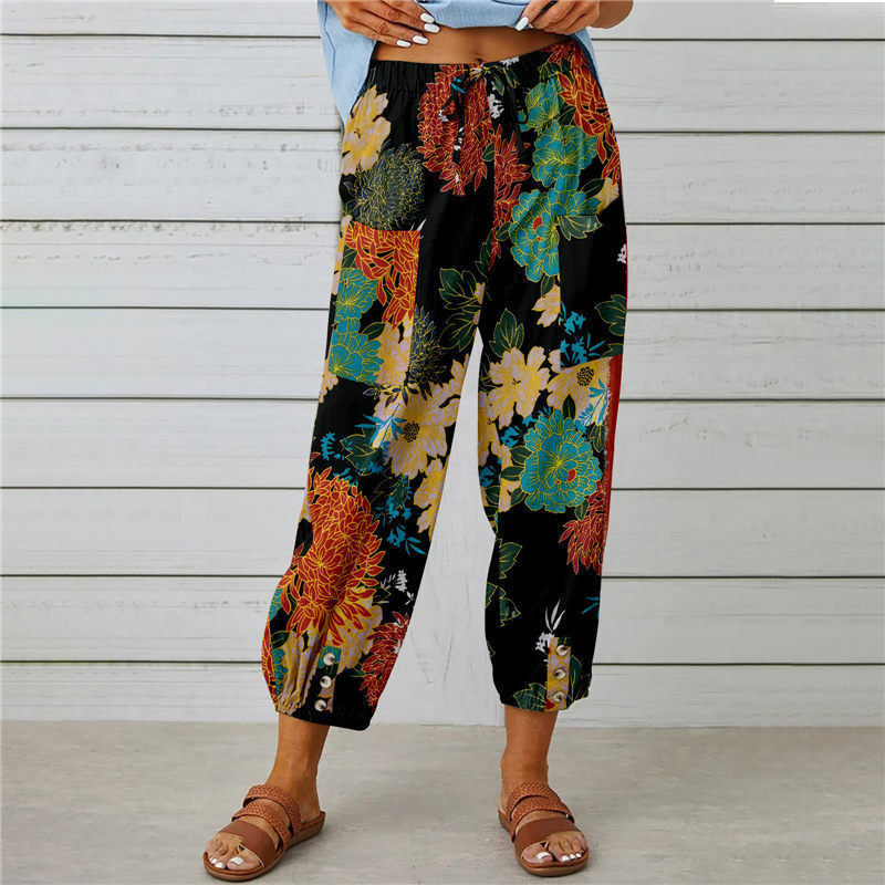 Damen lässige Pant mit floralem Druck und praktischen Knöpfen R&B