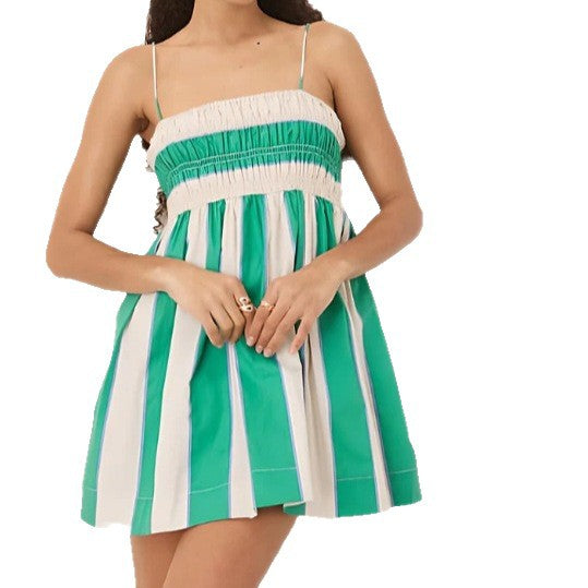 Damen nan Spaghettiträger-Minikleid mit Smokoberteil, Empire-Taille und ausgestelltem Rock R&B