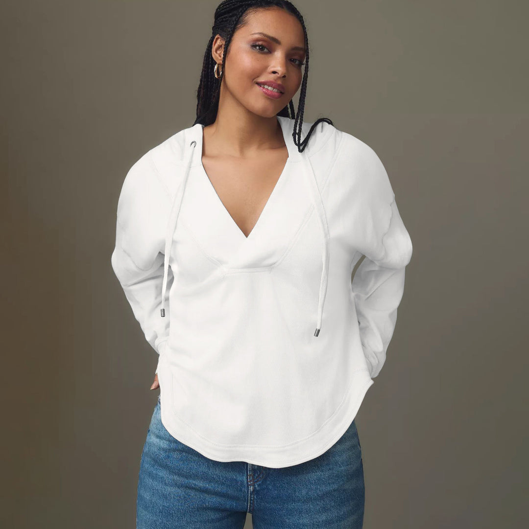 Damen Lässiger Kapuzenpulli mit V-Ausschnitt und bequemen Ärmeln R&B