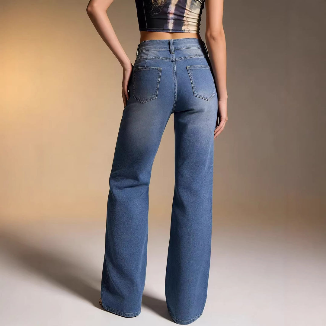 Damen weite Denim-Hose mit Vintage-Waschung und hoch geschnittenem Bund R&B