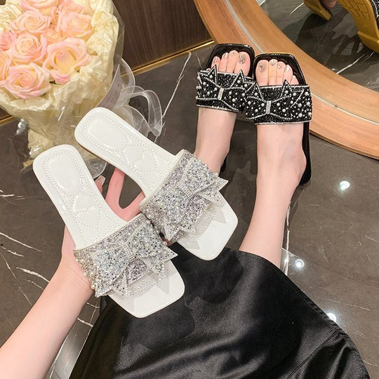 Damen Glamouröse Slides mit funkelnden Rhinestone-Schleifen R&B