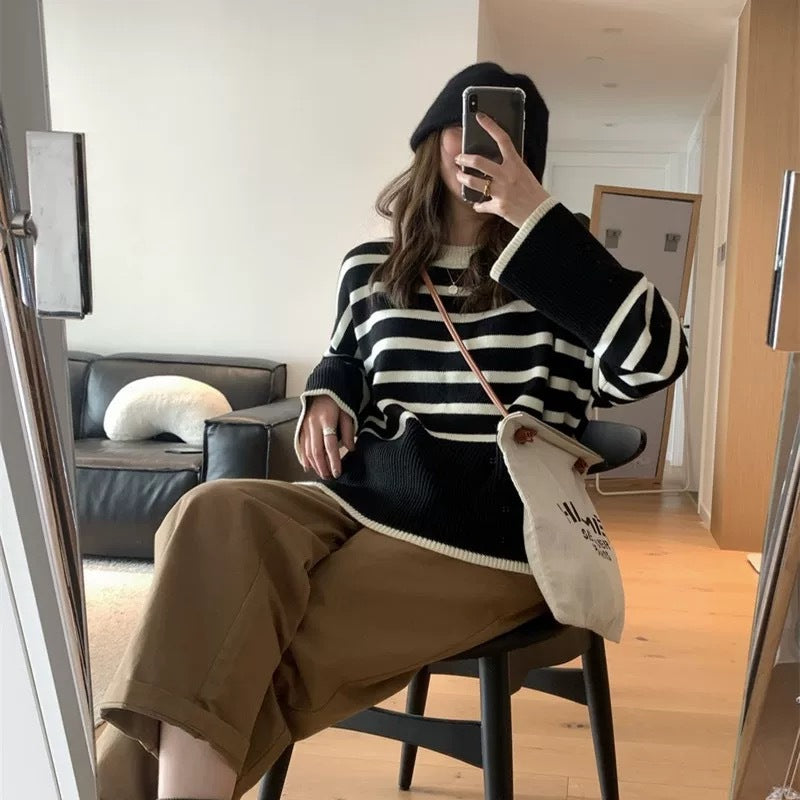 Damen gemütlicher Strickpullover mit Streifen R&B