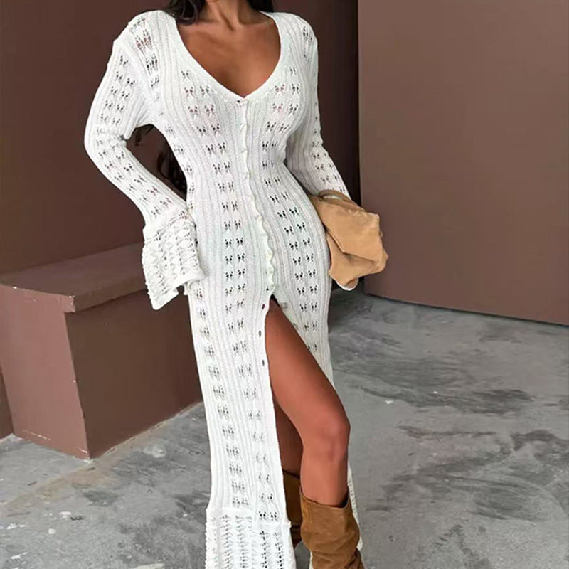 Damen Strickmaxikleid mit nostalgischem Lochmuster und elegantem V-Ausschnitt R&B