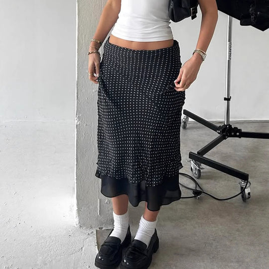 Damen Fließender Rock mit Polka-Dots und elastischem Bund Heidi-Mode