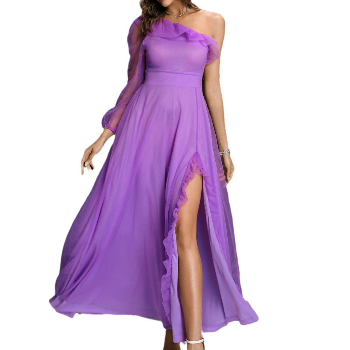 Damen Elegantes Maxikleid mit asymmetrischem Ausschnitt und fransierten Details R&B