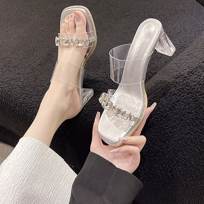 Damen elegante offene Mules mit Absatz und funkelnden Akzenten R&B