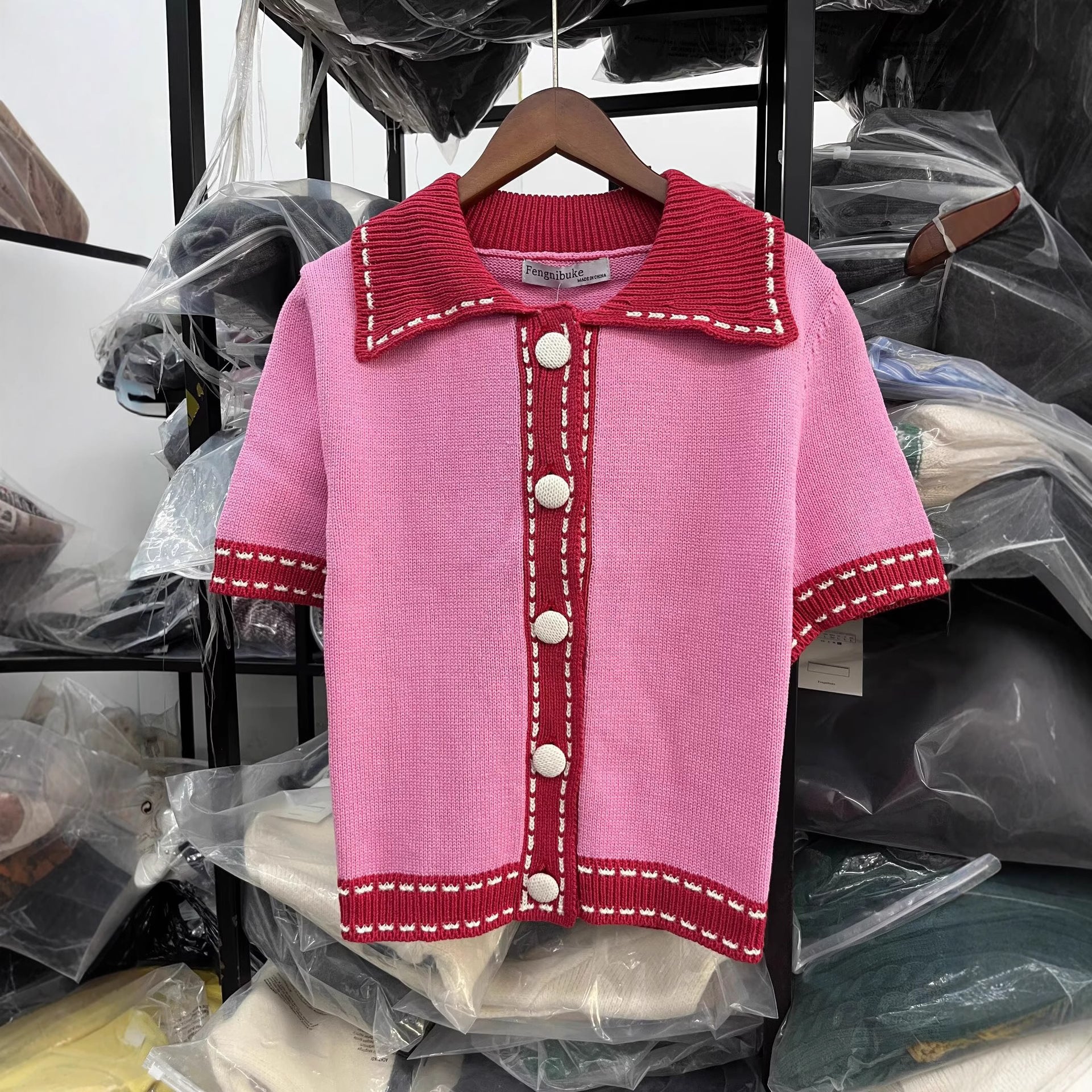 Damen Kurzarmpullover mit kontrastierenden Details R&B