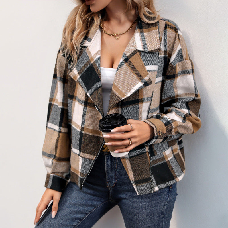 Damen lässige Karojacke mit oversized Schnitt und modernem Reverskragen R&B
