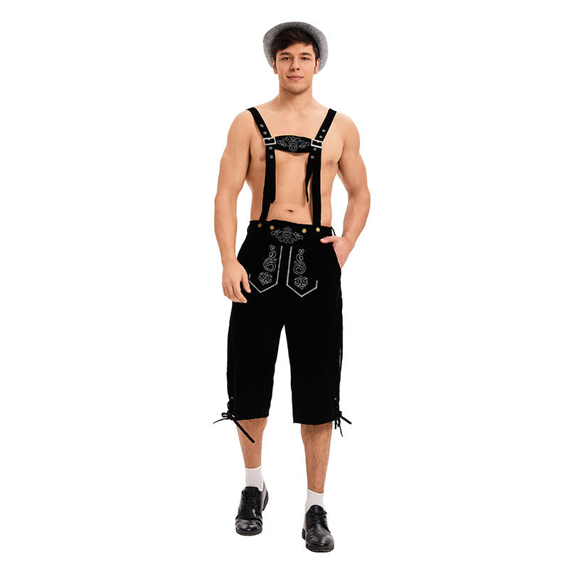 Herren nan knielange traditionelle Lederhose mit besticktem Brustlatz und verstellbaren Trägern R&B
