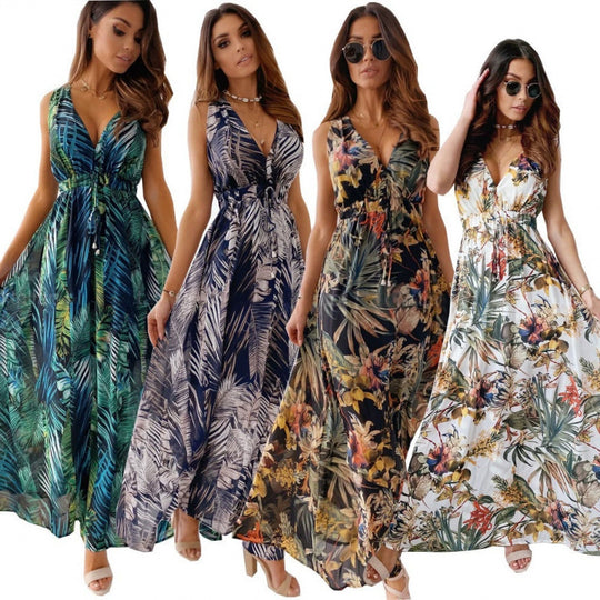 Damen Maxikleid mit floralen Mustern und tailliertem Oberteil R&B